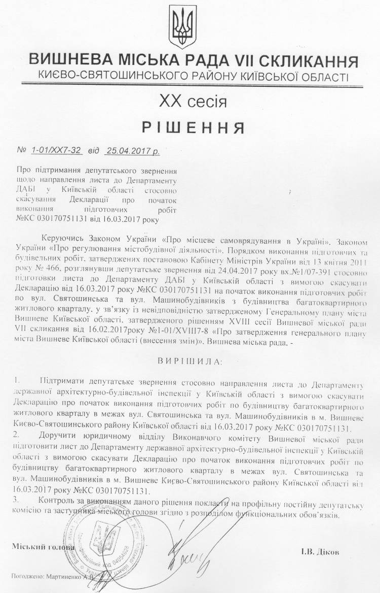 РІШЕННЯ ХХ СЕСІЇ VIІ СКЛИКАННЯ від 25.04.2017 року
